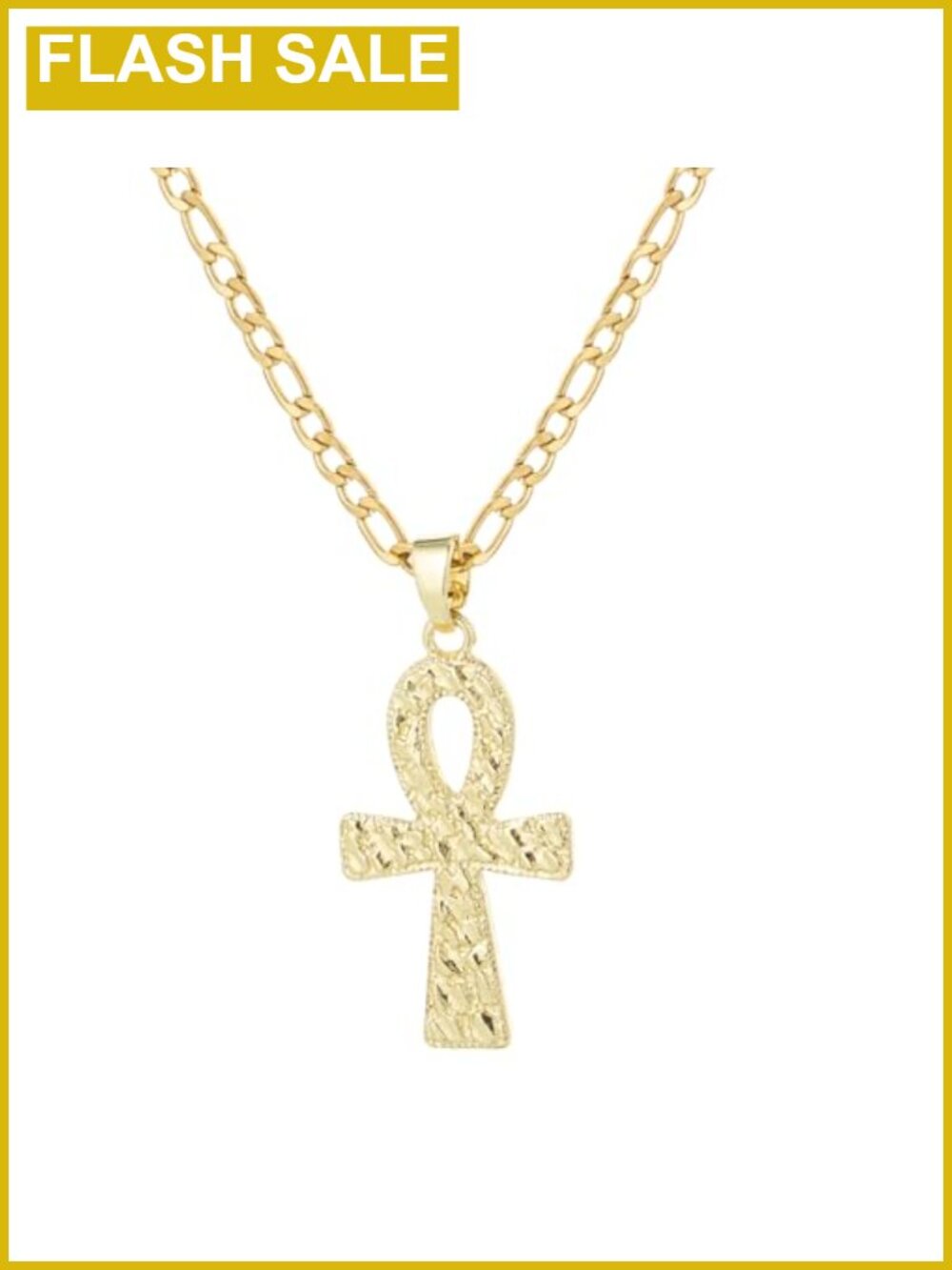 14K Gold Plated Stainless Steel Ankh Cross Pendant Necklace Figaro Chain Unisex